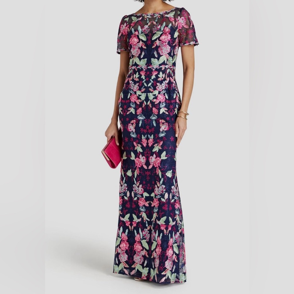 $796 Marchesa Notte Women's Blue Floral Embroidered High Neck Gown Dress Size 4